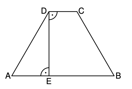 Trapez mit oberer Basis DC, unterer Basis AB; senkrechte Höhe DE mit rechten Winkeln bei D und E.